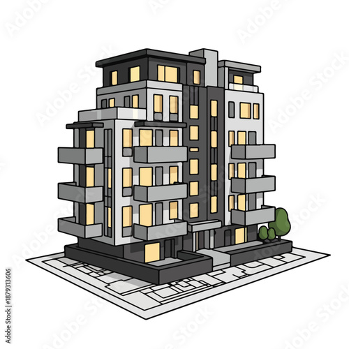 A modern multi-story building with balconies