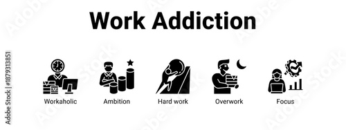 Work Addiction web banner icon vector illustration concept ,  with icon of Workaholic, Ambition, Hard work.