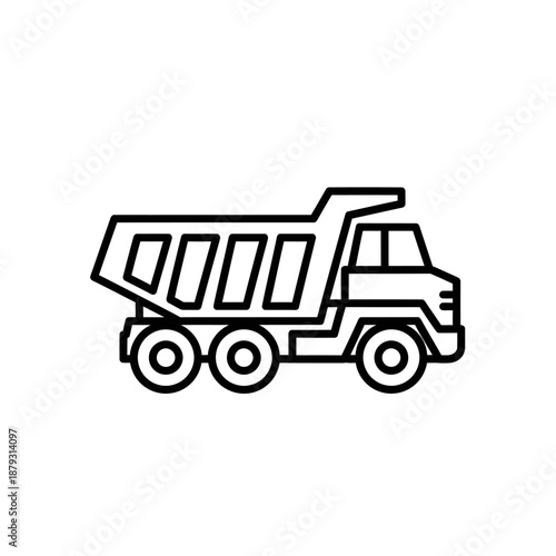 Dump Truck Outline Icon. Heavy Duty Dumper Vehicle Line Art Vector Illustration for Construction, Logistics, and Transportation Apps.