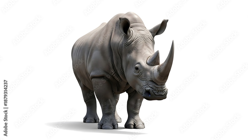 Fototapeta premium Majestic 3D Render of a Powerful White Rhinoceros Standing Isolated on a Clean White Background – High-Resolution Wildlife Photography for Conservation and Design Projects.