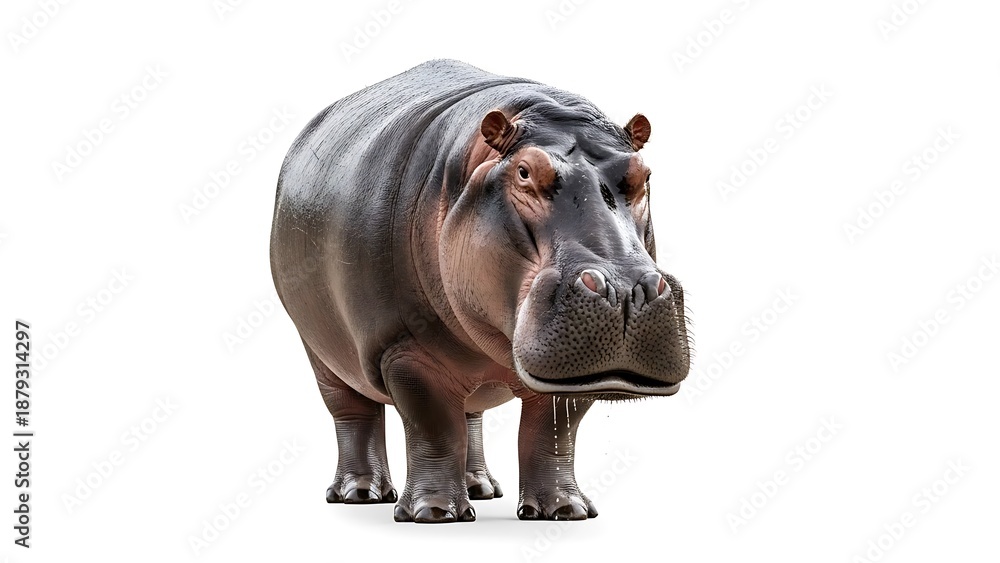 Obraz premium Massive African Hippopotamus (Hippo) Standing Frontally, Isolated on a Pure White Background: Detailed Full-Body Cutout of a Powerful, Semi-Aquatic Mammal for Wildlife and Zoo Themes.
