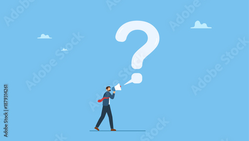 Businessman talking with megaphone asking question with speech bubble big question mark. Ask question for answer or solution to solve problem, communicate or request for help in business.
