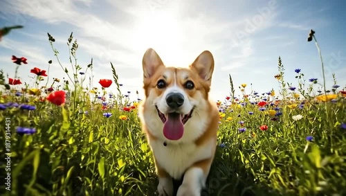 Happy Corgi Dog Smiling in a Field of Colorful Flowers.