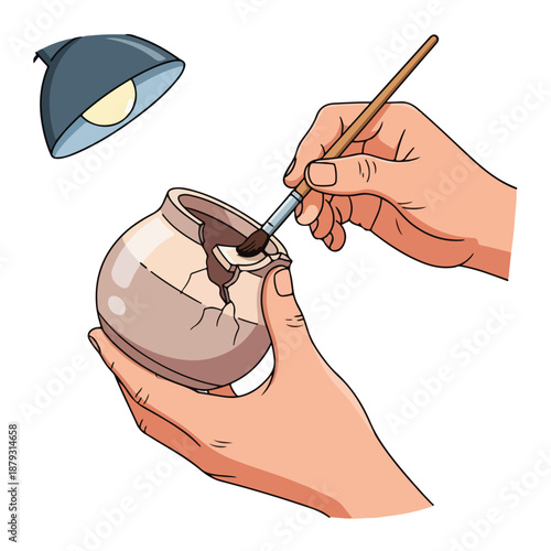 A person painting a cracked vase