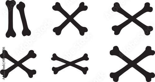 Collection of black vector icons and symbols depicting crossed bones and isolated bones on a white background