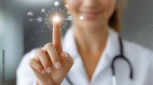 A doctor's hand touches a digital screen button. Healthcare network and modern medicine technology in a hospital