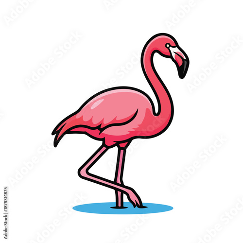 A pink flamingo stands in shallow blue water