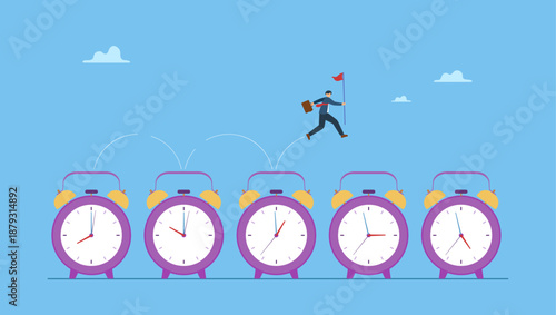 Businessman expert jumping on time passing alarm clock. Time management, procrastination or work productivity, finish project within deadline, work efficiency or planning, fast pace project.