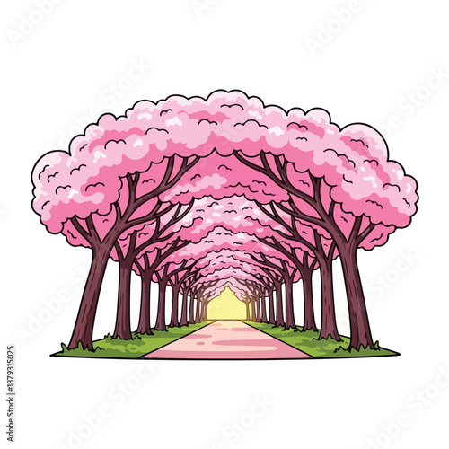 A pink tree-lined pathway stretches into the distance
