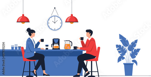 Modern flat vector illustration of a man and woman drinking coffee in a minimalist office breakroom or cafe with a clock and plants.