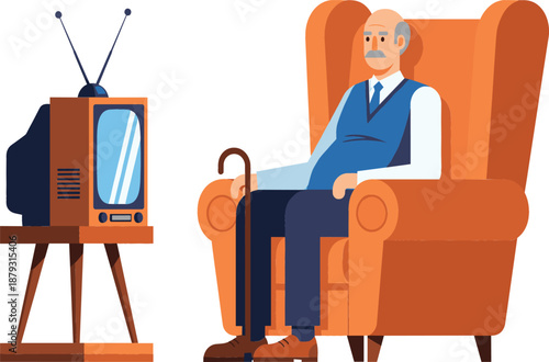 Elderly man sitting in a comfortable armchair watching an old retro television set with antennas, peaceful senior lifestyle daily routine vector illustration.