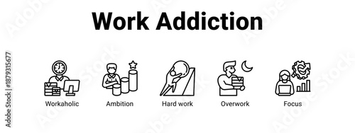 Work Addiction web banner icon vector illustration concept ,  with icon of Workaholic, Ambition, Hard work.