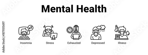 Mental Health web banner icon vector illustration concept ,  with icon of Insomnia, Stress, Exhausted.