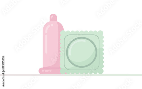 Illustration of a condom and lubricant on a white surface viewed from the front