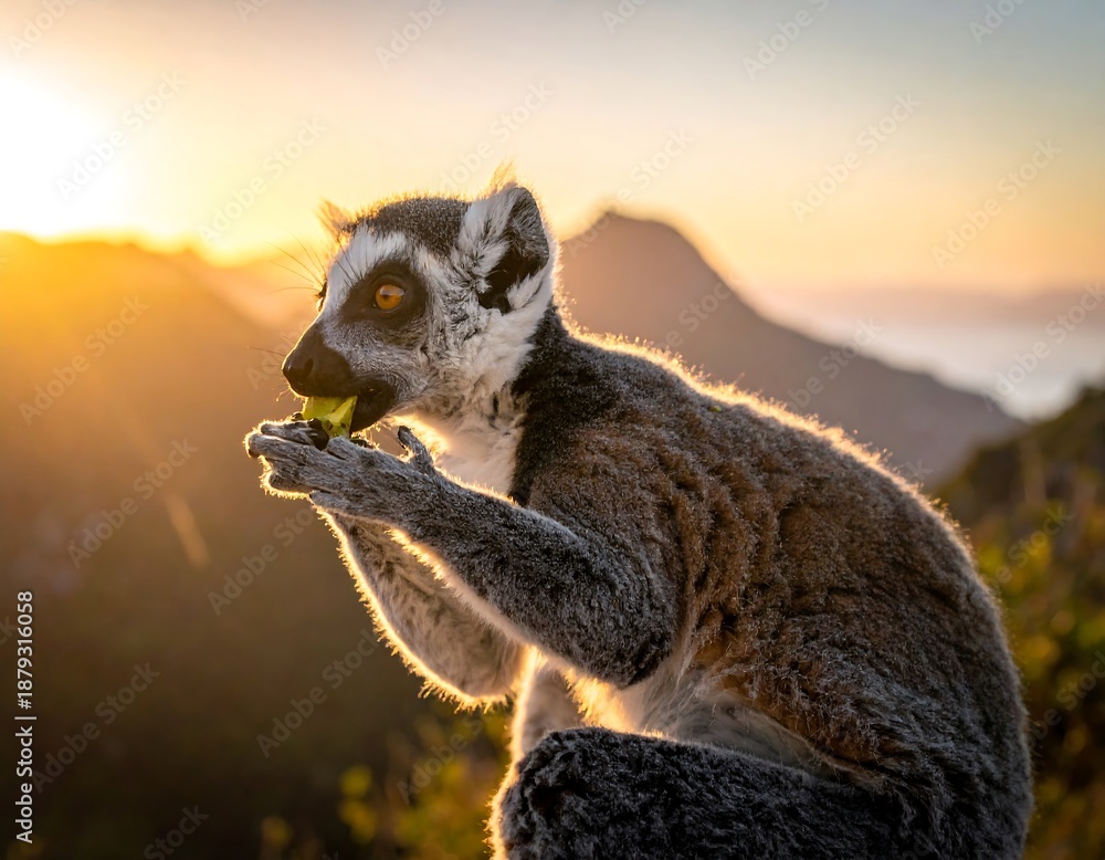 Fototapeta premium Lemur enjoying a treat at sunset, with mountains softly blurred in the distance