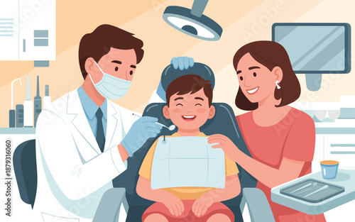 Dentist examining a young boy's teeth with his mother present in a dental clinic