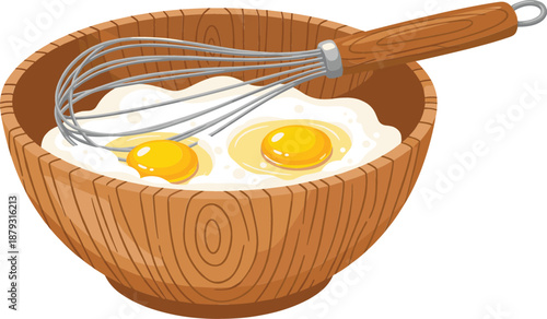 Wooden baking bowl filled with white flour and two raw eggs with a metal wire whisk, cooking ingredient preparation vector illustration.