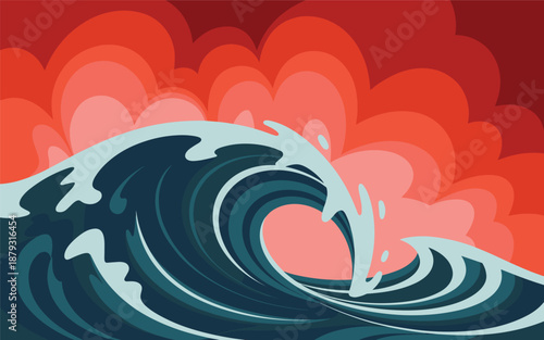 A massive ocean wave crashes against the shore with a red cloudy sky above, viewed from a close-up perspective.