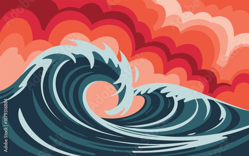 A massive ocean wave crashes against the shore with vibrant orange clouds in the background, viewed from a close-up perspective.