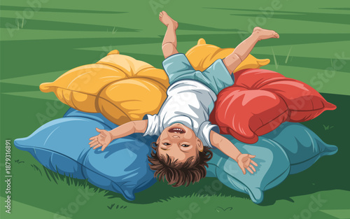 A young girl lying on colorful pillows in a lush green field, viewed from above, enjoying a relaxing moment