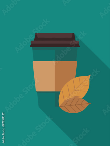 Coffee cup with autumn leaves on a green background viewed from above
