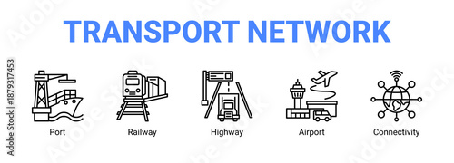 Transport Network web banner icon concept, with Port, Railway, Highway.