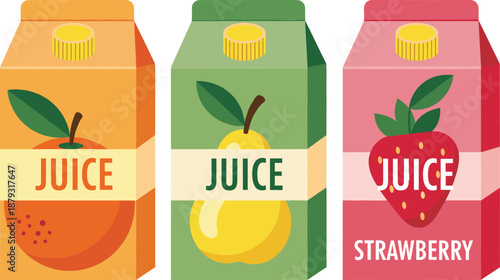 Set of three colorful fruit juice cartons featuring orange, pear, and strawberry flavors, refreshing healthy beverage drink packaging vector illustration on white background.
