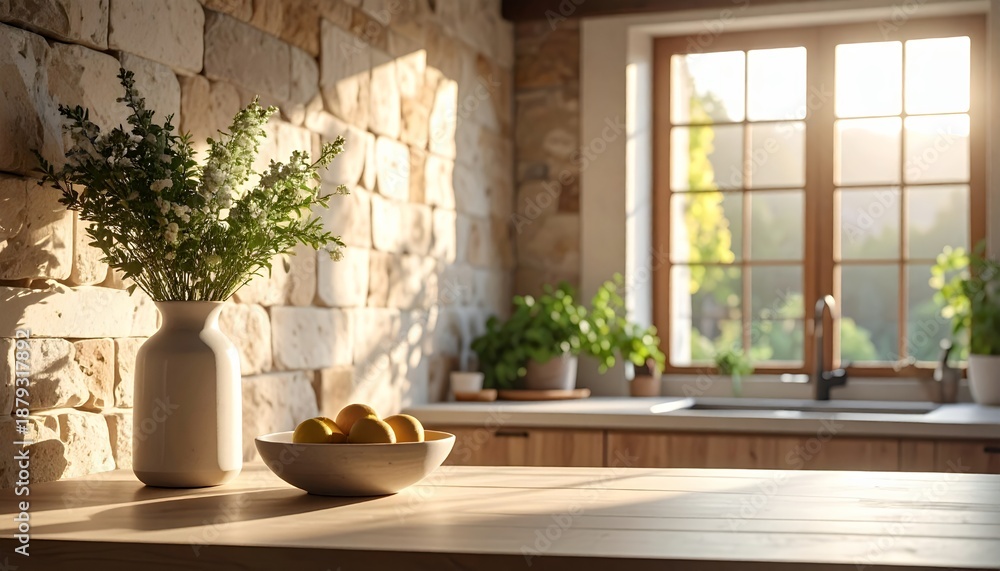 Fototapeta premium Sunlit kitchen interior with stone wall and fresh greenery.