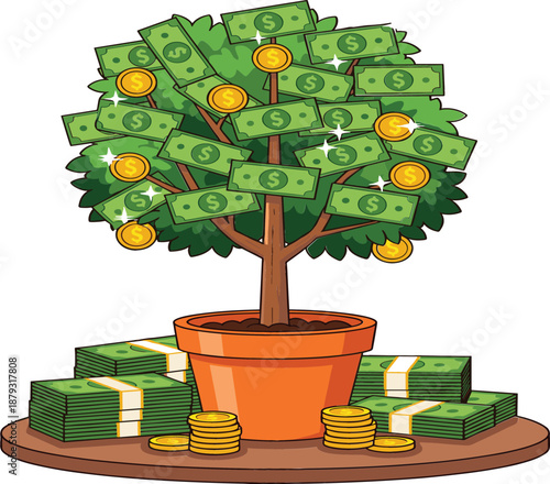Prosperity money tree in a clay pot growing green banknotes and gold coins, financial growth and wealth investment concept vector illustration on white.