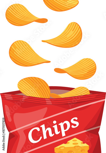 Crispy potato chips falling into an open red snack bag with cheese flavor icon, delicious salty appetizer food vector illustration isolated on white.