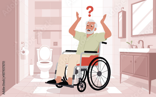 Elderly man in wheelchair looking confused in a bathroom with question mark above head