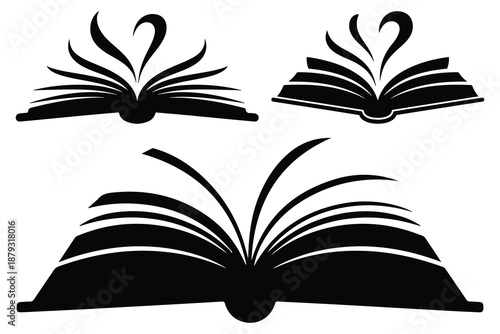 Three Open Black and White Books with Flared Pages