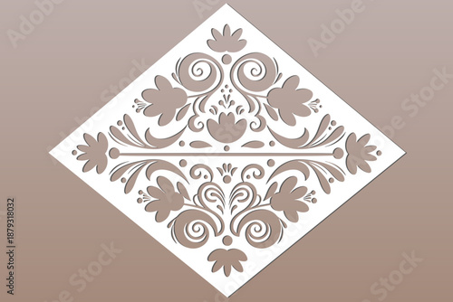 Laser cut floral motif. White ornamental geometric rhombus shape cut out. Abstract decorative element for laser cutting, wedding invitation, greeting card background. Vector illustration
