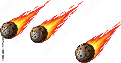 Set of three flaming asteroids or meteors falling through space with orange fire trails, astronomical disaster cosmic celestial body vector illustration.