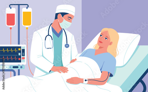 Doctor consulting with pregnant woman in hospital bed during medical examination