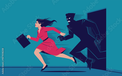 Woman escaping from a masked assailant in a dark doorway, illustration of a crime scene from a dynamic viewpoint