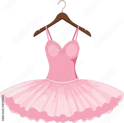 Elegant pink ballet tutu dress on a wooden hanger, professional dance costume vector illustration for classical performance or ballerina theme.