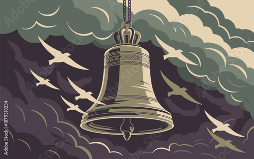 A majestic bell suspended in the air surrounded by birds flying amidst cloudy skies
