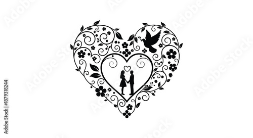 A decorative heart outline contains floral patterns and a couple s silhouette evoking romance and affection