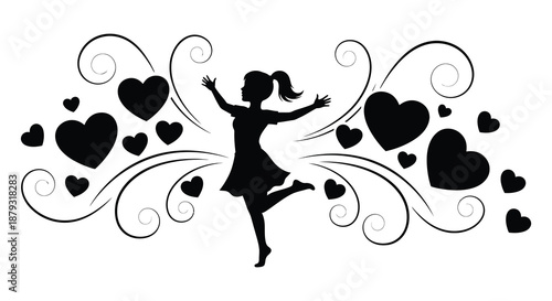 A joyous girl dances with hearts and swirling designs a captivating black silhouette high quality