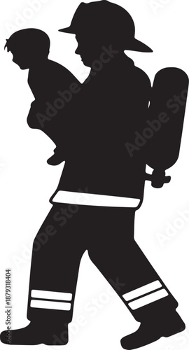 Black silhouette of a firefighter carrying a child to safety rescue