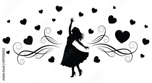 A joyful woman dances with swirling lines and falling hearts a beautiful black silhouette