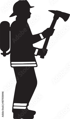 Black silhouette of a firefighter holding an axe and wearing a helmet and backpack