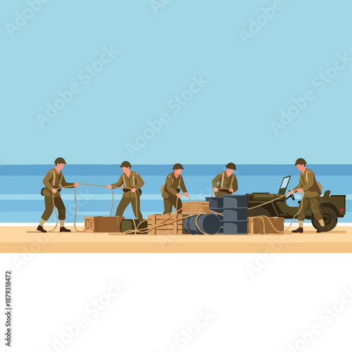 Soldiers unloading military supplies on a beach