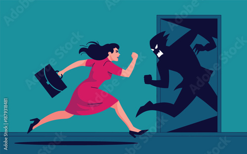 Woman in red dress running away from menacing figure in doorway illustration