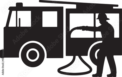 Black silhouette of a firefighter operating a hose from a fire truck emergency rescue