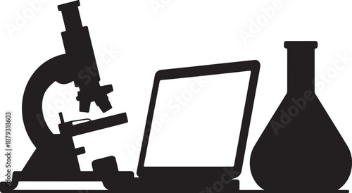 Black silhouette of a microscope laptop and flask on a white background science laboratory