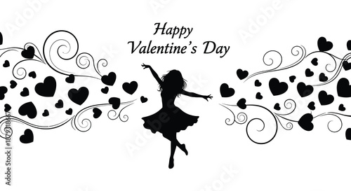 A joyful valentine s day scene depicts a dancing girl surrounded by hearts and flourishes silhouette