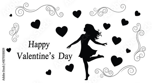 A joyful valentine s day design featuring a dancing woman surrounded by hearts a lovely silhouette