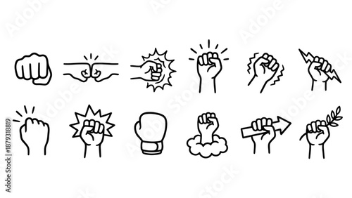 Symbolic Fist & Gesture Vector Set –  Black-and-White Icons of Power, Unity, Peace, and Motion for Activism, Sports, and Graphic Design Use